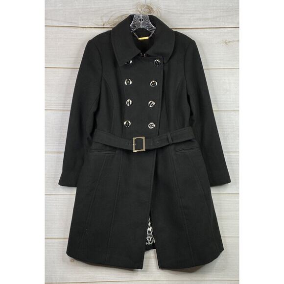 White House Black Market Jackets & Blazers - WHBM Coat M Black Dbl Breasted Belt Jacket Trench Preppy Goth Acedamia Peacoat